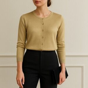 Nicole Taylor Women's Sz M Gold Metallic Cardigan Office Core Holiday Date Night